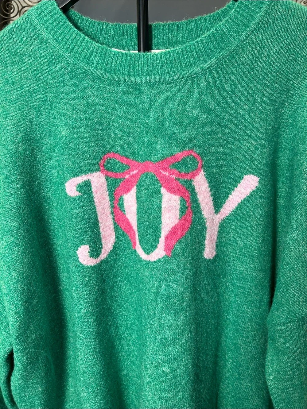 Shiraleah Green Crewneck Sweater with Pink JOY Graphic
